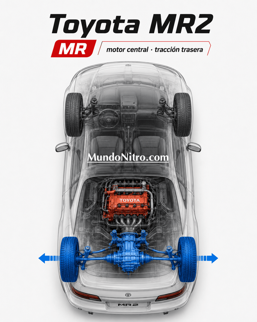 Esquema MR con motor central y tracción trasera
